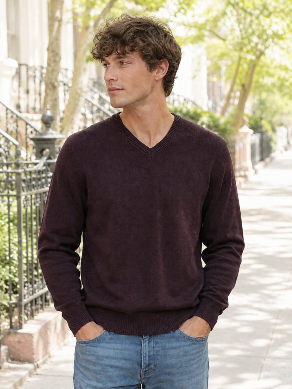 Kenneth Cole New York Men’s XL 100% Cotton V-Neck Sweater Burgundy Elbow Patches
